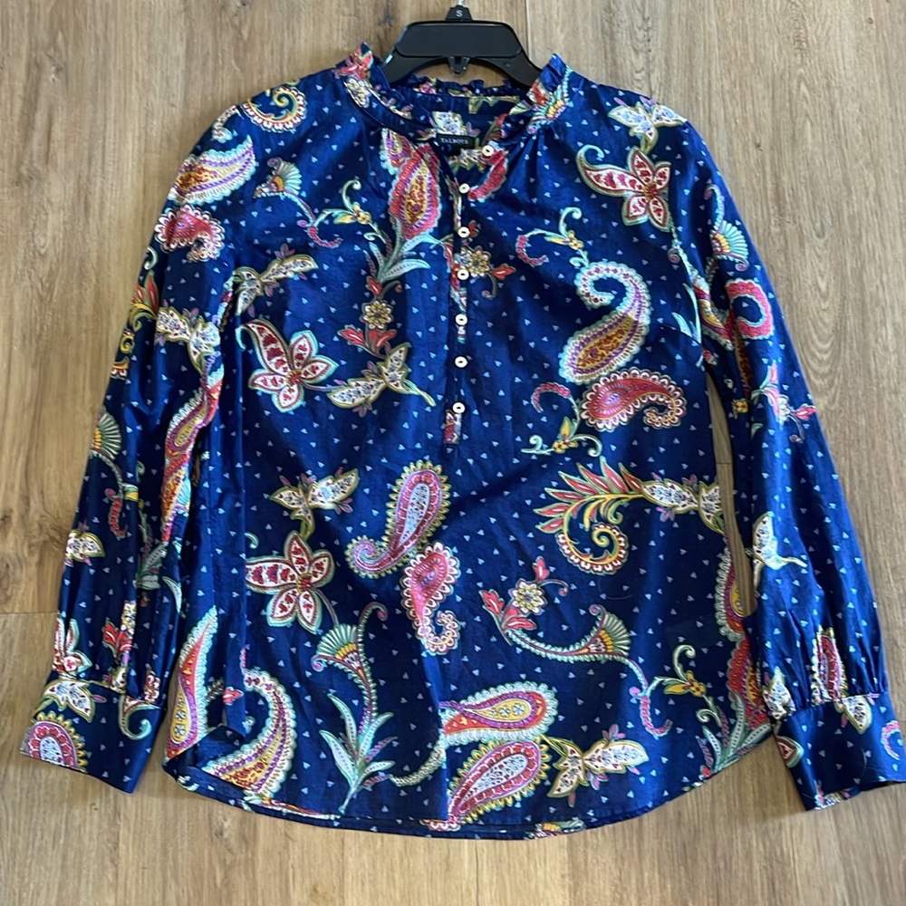 Talbots Twinkle Paisley India Ink Long Sleeve Blouse w buttons & hearts. Sz M